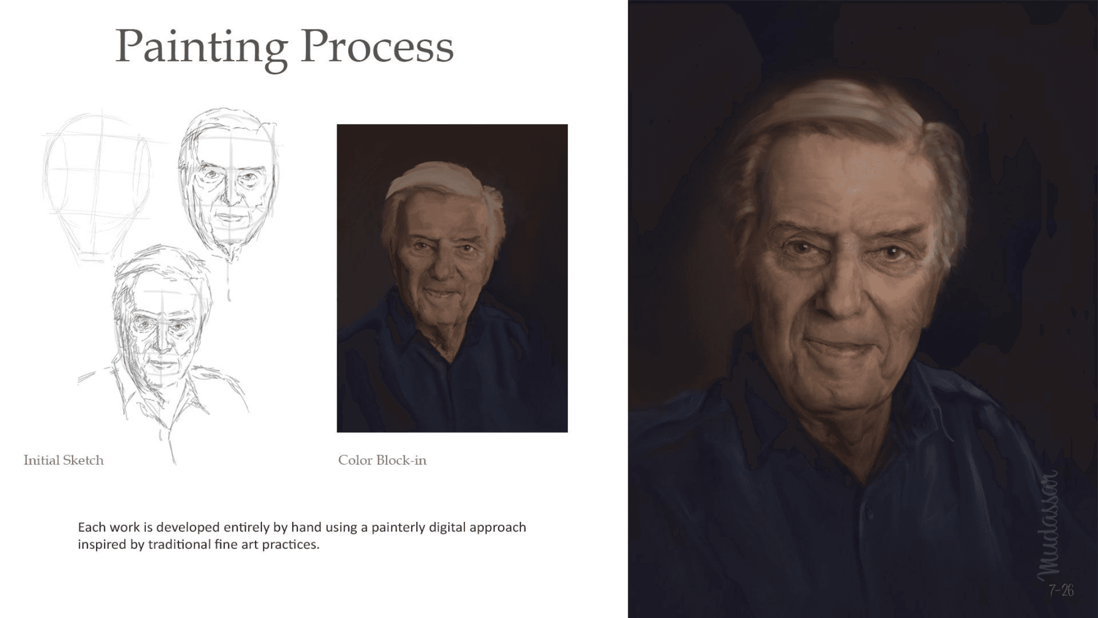 Painting process: initial sketch, color block-in, and final rendering